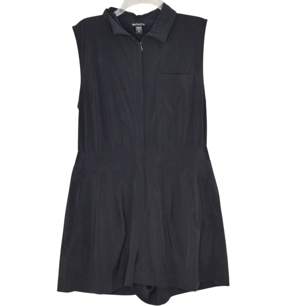 Athleta Brooklyn Romper Black Sleeveless Shorts Stretch Size 14 Pockets Collared
